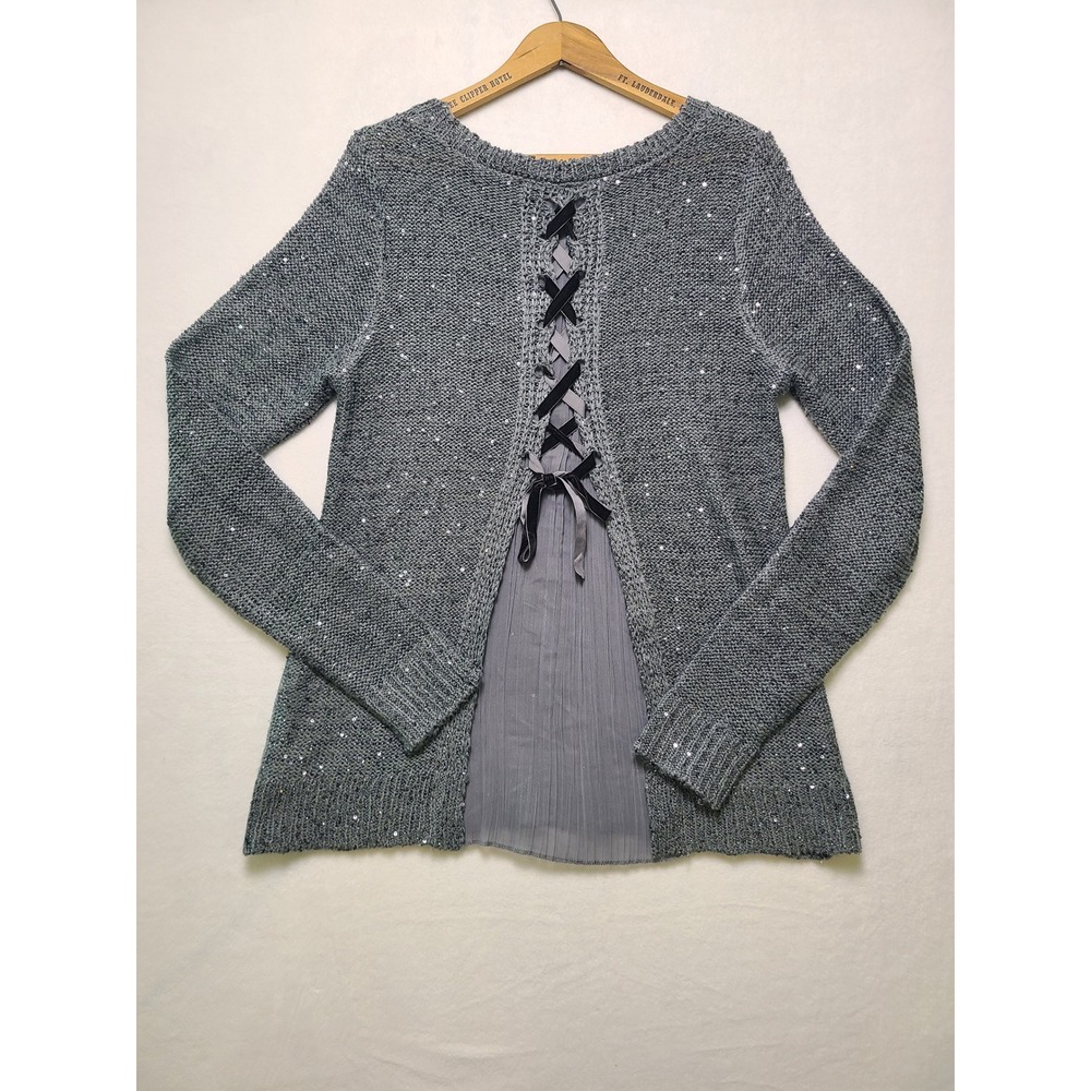 Time and Tru M Sweater Sequin Holiday Grey Flannel Lace Up Back Pleated Chiffon